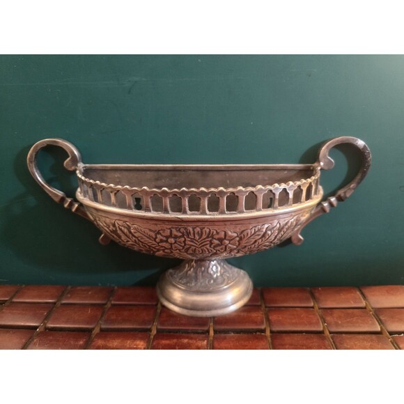 Vintage Urn w/ Floral Pattern Wall Vase Silvertone Solid Brass 12.25"x6.25" - Picture 1 of 5